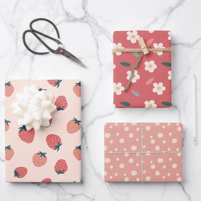 Strawberries, Florals and Abstract Pattern Theme  Wrapping Paper Sheet (Front)