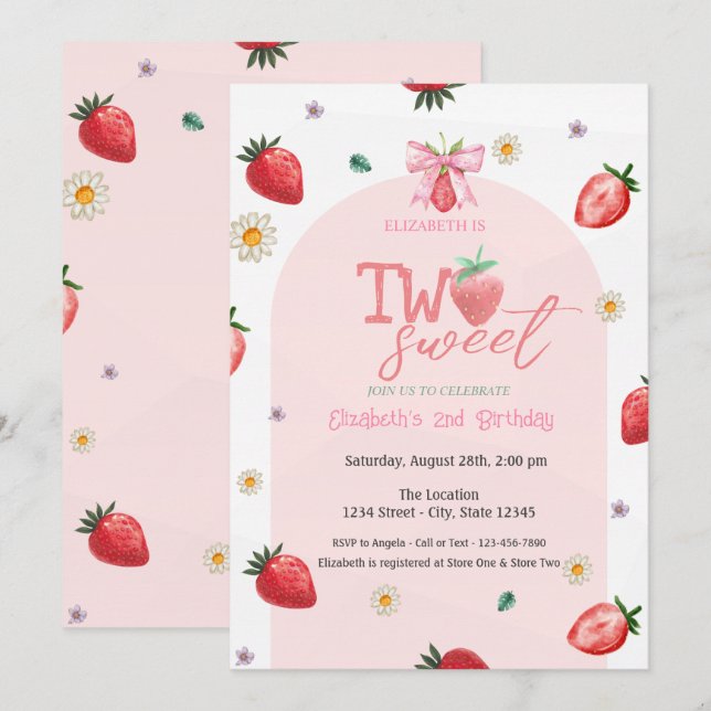 Strawberries Flowers Two Sweet 2nd Birthday Invitation (Front/Back)