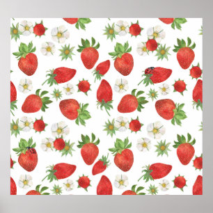 Strawberries Flowers: Watercolor Seamless Art Poster