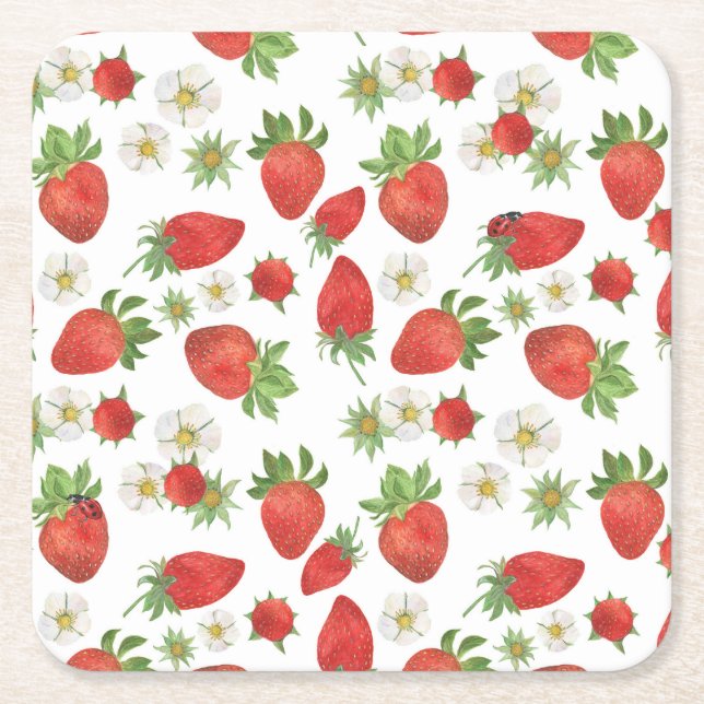 Strawberries Flowers: Watercolor Seamless Art Square Paper Coaster (Front)