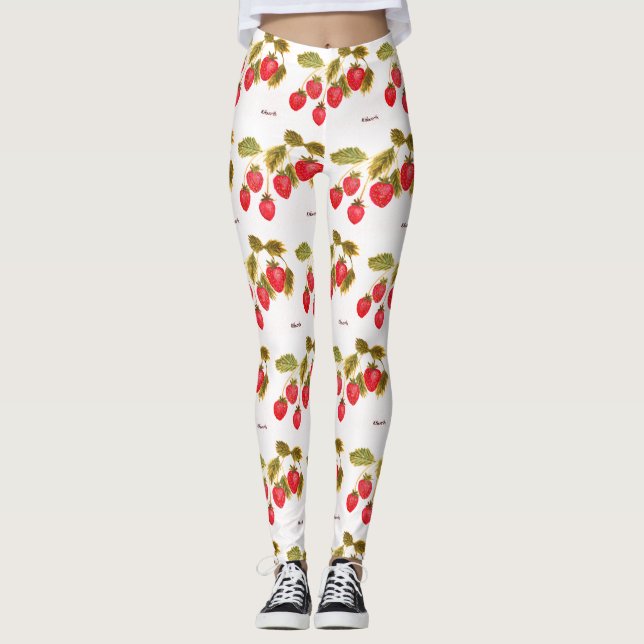Strawberries fruit watercolor Berries Food Pattern Leggings (Front)