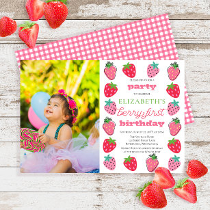 Strawberries Girl Photo Berry First Birthday Party Invitation