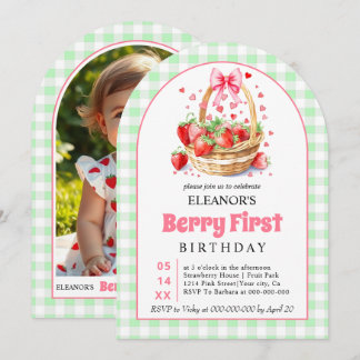 Strawberries green gingham Berry First Birthday Invitation