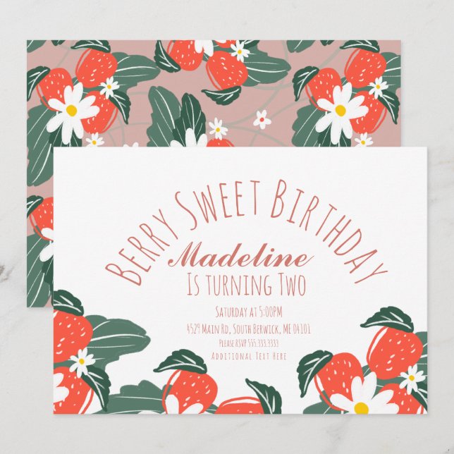 Strawberries Hand Drawn Botanical Birthday Pink Invitation (Front/Back)