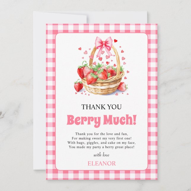Strawberries hearts bow Berry First Birtday photo Thank You Card (Front)