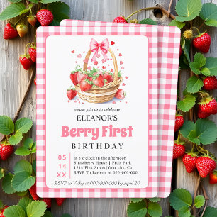 Strawberries hearts pink bow Berry First Birthday Invitation