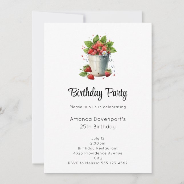 Strawberries in a Bucket Birthday Invitation (Front)