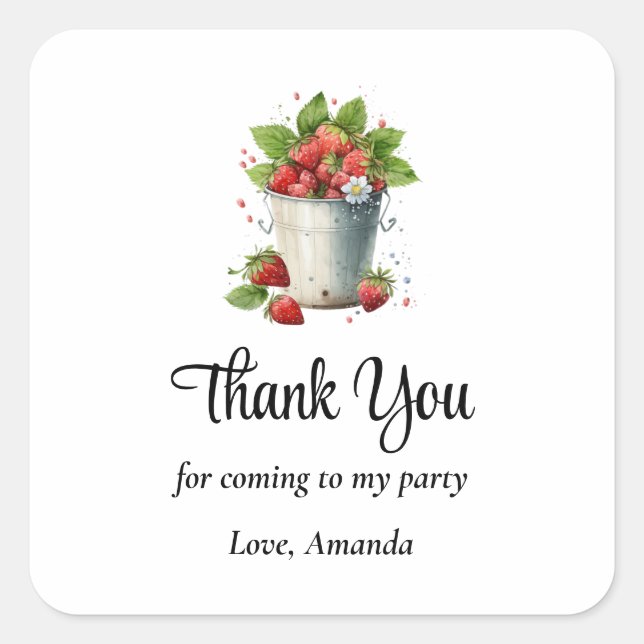 Strawberries in a Bucket Party Thank You Square Sticker (Front)