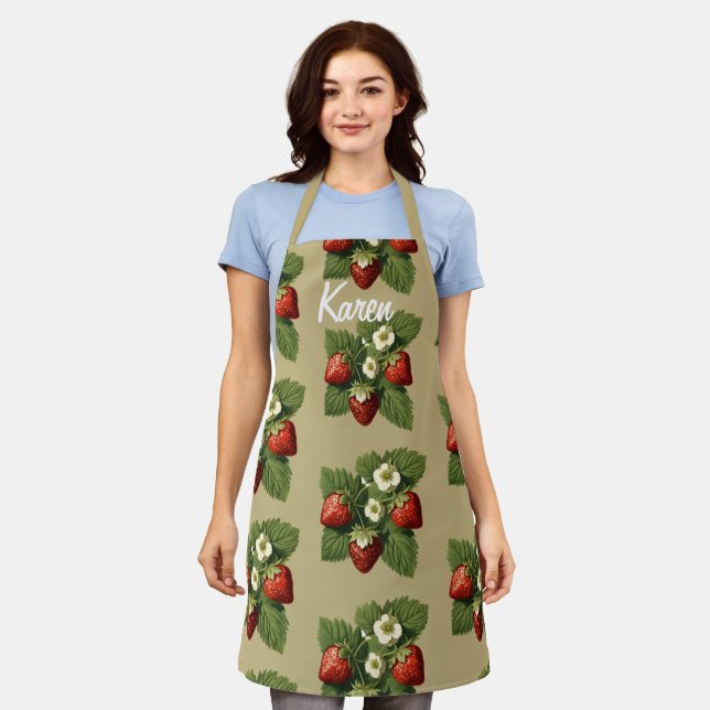 Strawberries  in beige -personalised apron (Worn)