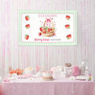 Strawberries mint gingham Berry First Birthday Banner