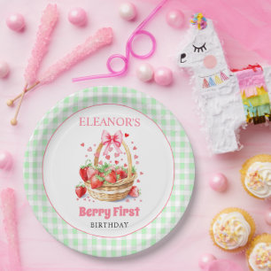 Strawberries mint green Berry First Birthday Paper Plate