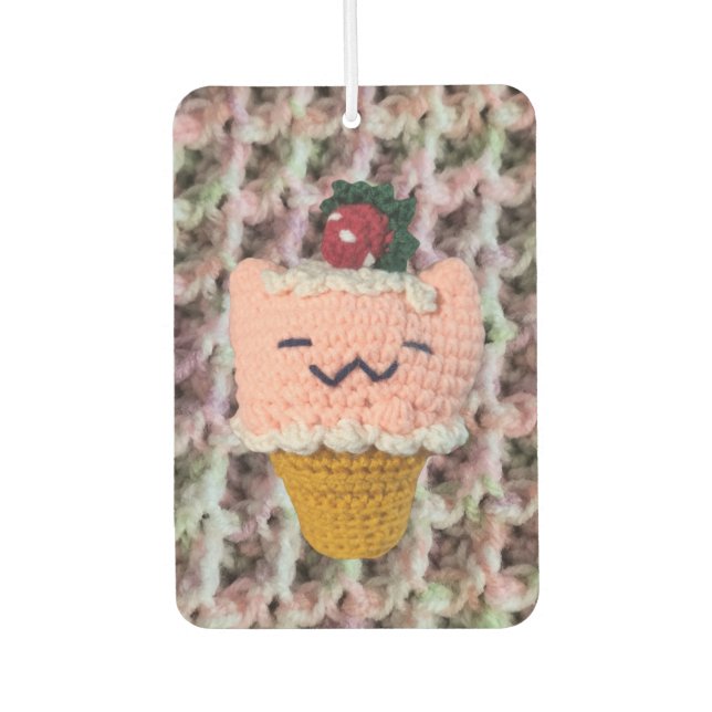 Strawberries-N-Cream Ice Cream Cone Amigurumi Cat Car Air Freshener (Front)