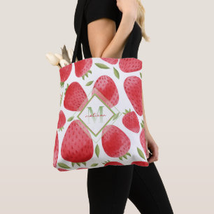 Strawberries & Ombre Monogram + Red & Green Tote Bag