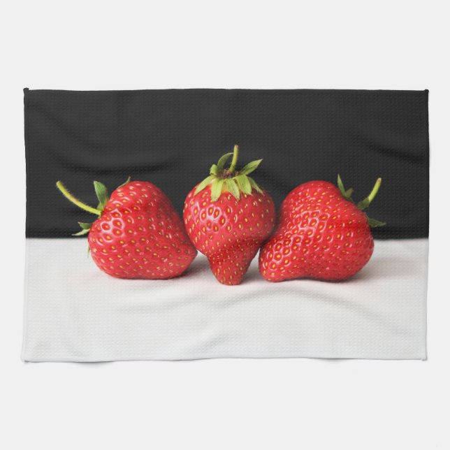 Strawberries On Black Over White ktcnm Tea Towel (Horizontal)