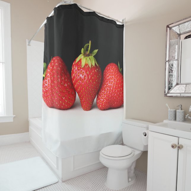 Strawberries On Black Over White sccnm Shower Curtain (In Situ)