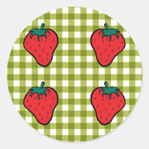 Strawberries on Green Gingham Classic Round Sticker