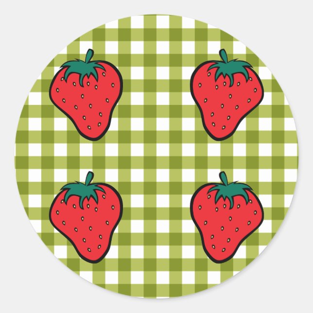 Strawberries on Green Gingham Classic Round Sticker (Front)