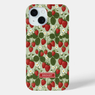 Strawberries On Green Monogrammed iPhone 15 Case