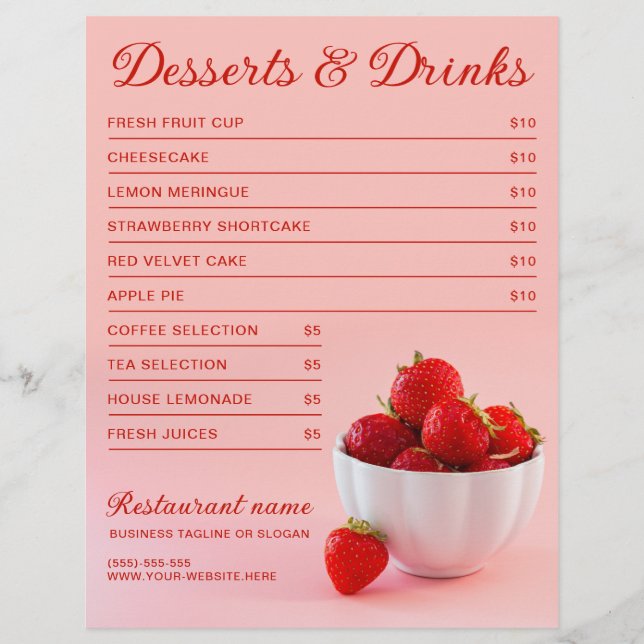 Strawberries On Pink Cafe Restaurant Dessert Menu (Front)
