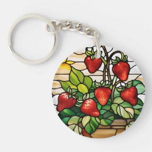 Strawberries on Stained Glass Key Ring