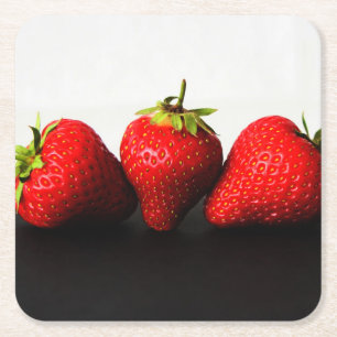 Strawberries On White Over Black coastercn Square Paper Coaster
