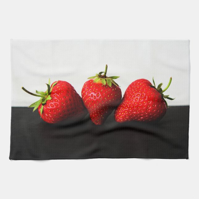 Strawberries On White Over Black ktcnm Tea Towel (Horizontal)