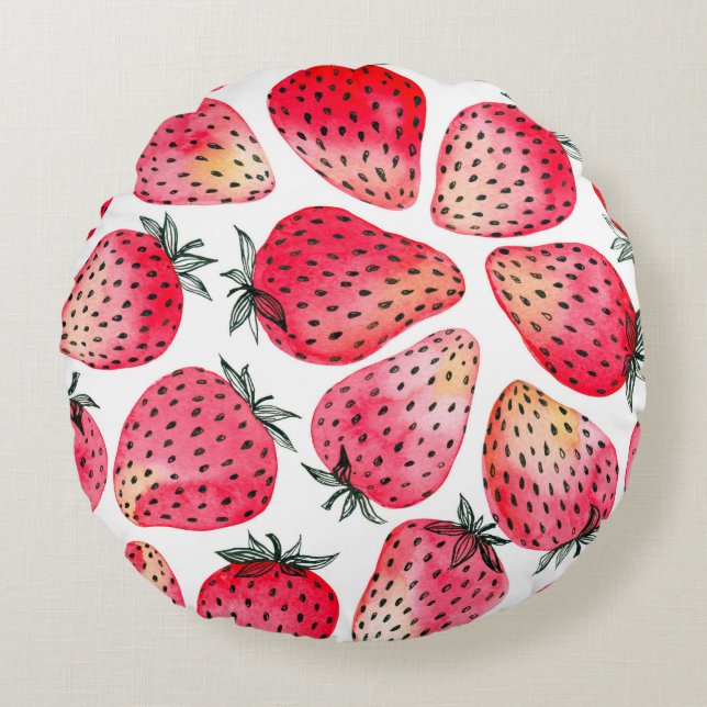 Strawberries painted with watercolor and ink seaml round cushion (Front)