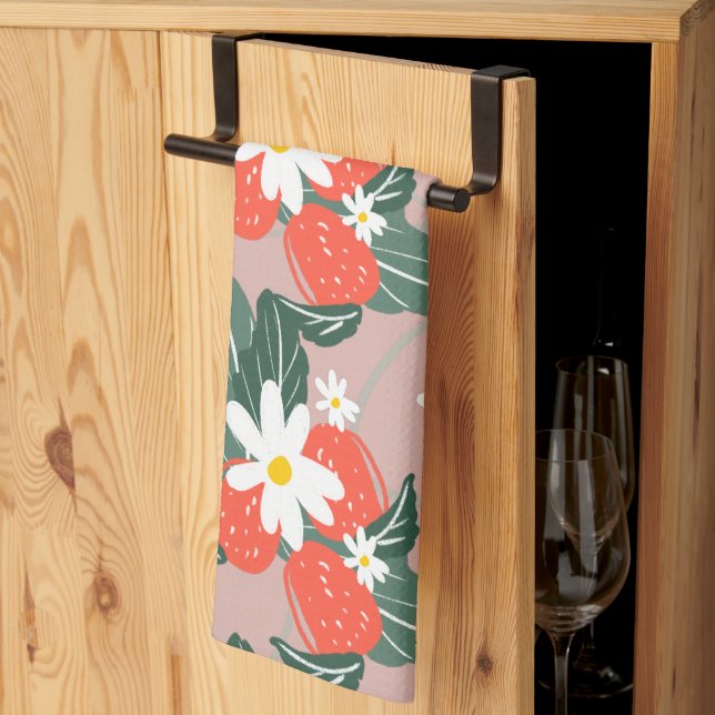 Strawberries Picking Patch Pattern Hand Drawn  Tea Towel (Thirds Fold)