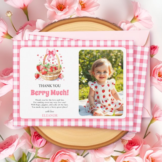 Strawberries, pink bow Berry First Birtday photo Thank You Card (Creator Uploaded)
