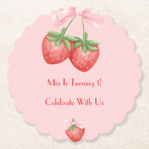 STRAWBERRIES PINK BOW BIRTHDAY  PAPER COASTER
