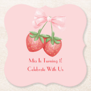 STRAWBERRIES PINK BOW BIRTHDAY  PAPER COASTER