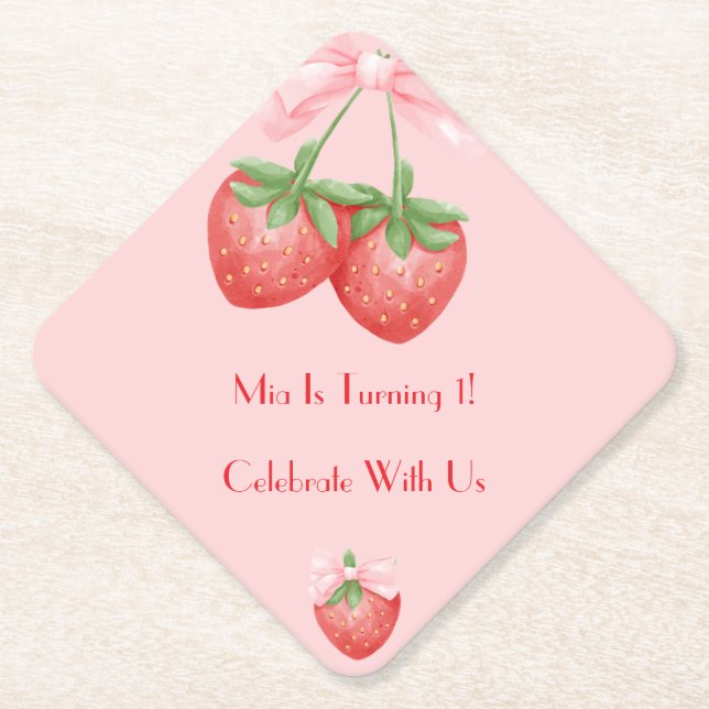 STRAWBERRIES PINK BOW BIRTHDAY  PAPER COASTER (Front)