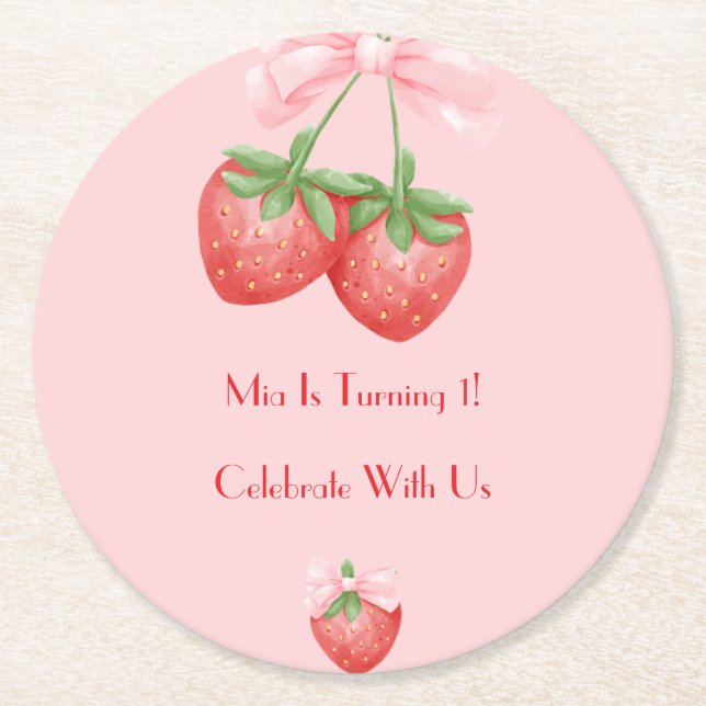 STRAWBERRIES PINK BOW BIRTHDAY  ROUND PAPER COASTER (Front)