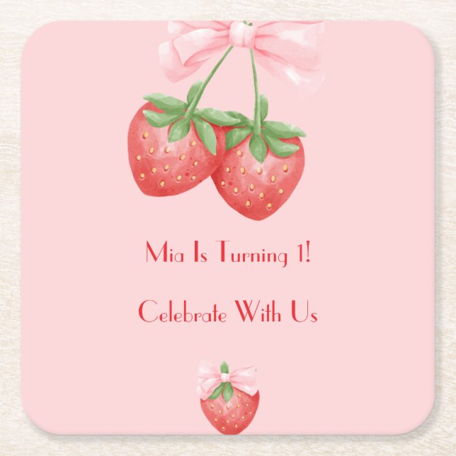 STRAWBERRIES PINK BOW BIRTHDAY  SQUARE PAPER COASTER (Front)