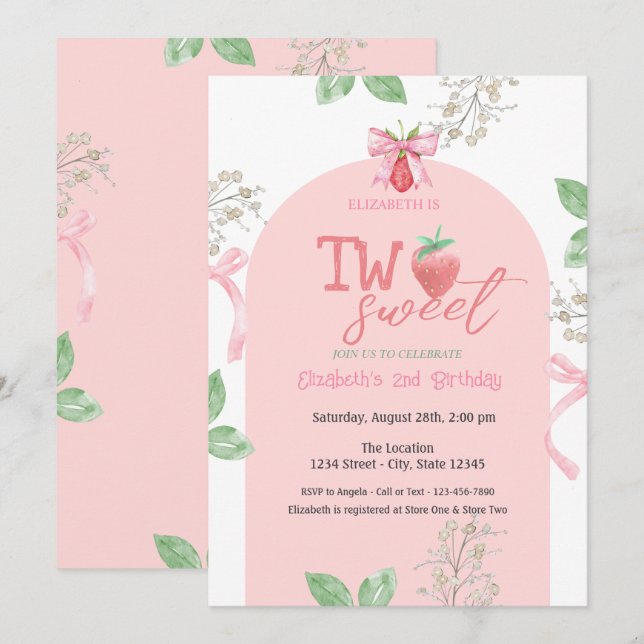 Strawberries Pink Bow Two Sweet 2nd Birthday Invitation (Front/Back)