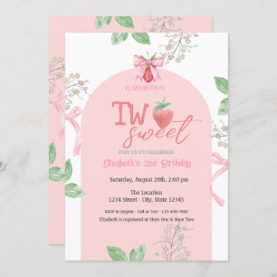 Strawberries Pink Bow Two Sweet 2nd Birthday Invitation