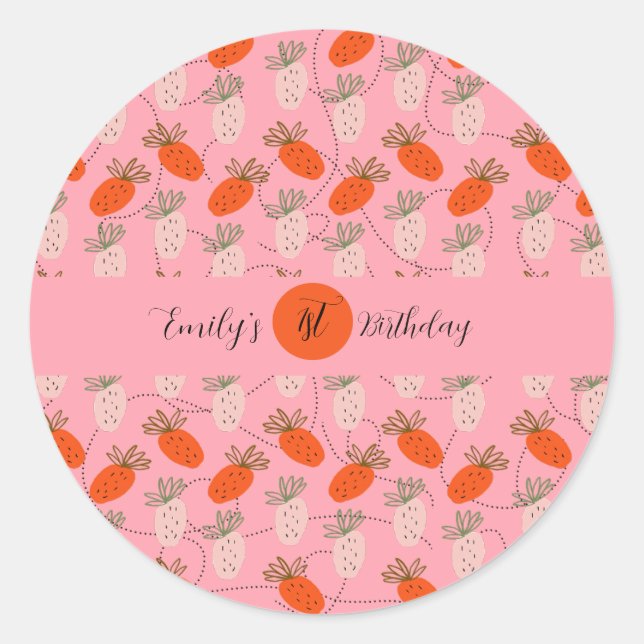 Strawberries Pink White Doodle Birthday    Classic Round Sticker (Front)