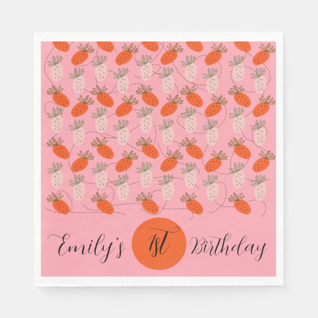 Strawberries Pink White Doodle Pattern      Napkin (Front)