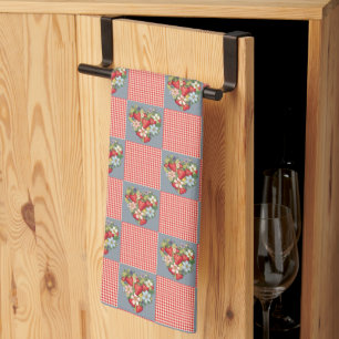 Strawberries Red Gingham and Blue Slate Chequered Tea Towel