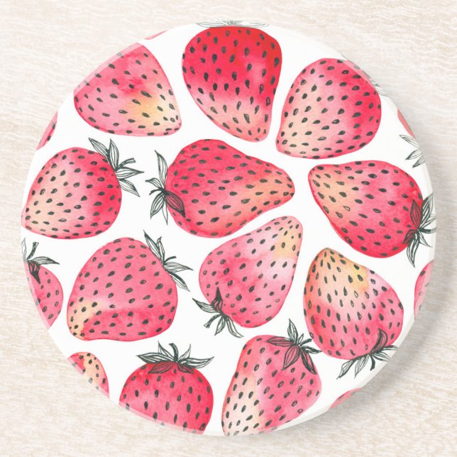 Strawberries watercolor and ink coaster (Front)