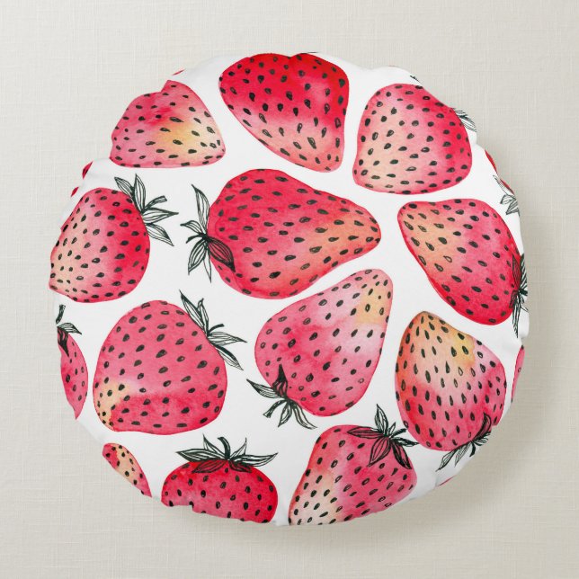 Strawberries watercolor and ink round cushion (Front)