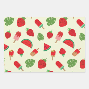 strawberries, watermelon and popsicle pattern wrapping paper sheet