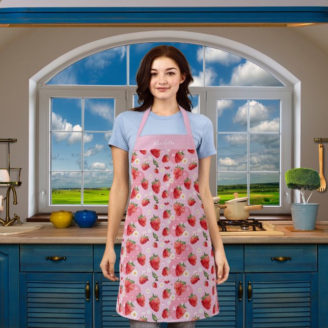 Strawberries white florals pink red pattern name apron (Creator Uploaded)