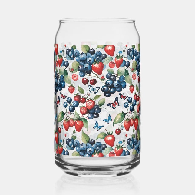 Strawberries With Blueberries and Butterflies Can Glass (Front)