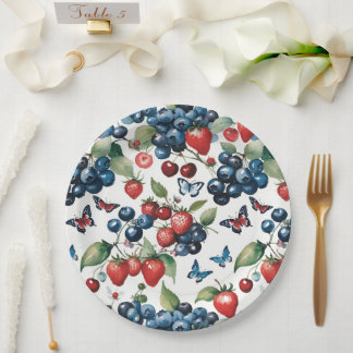 Strawberries With Blueberries and Butterflies Paper Plate