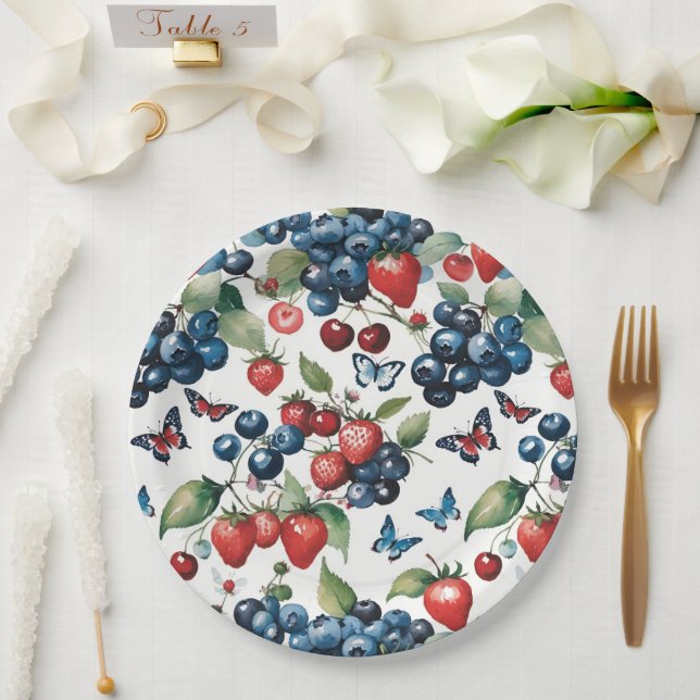 Strawberries With Blueberries and Butterflies Paper Plate (Wedding)