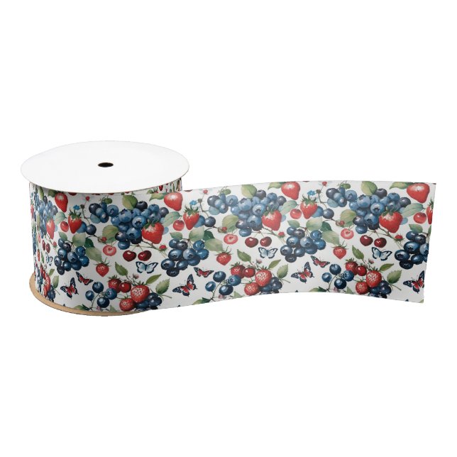 Strawberries With Blueberries and Butterflies Satin Ribbon (Spool)