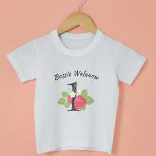 Strawberry 1 First Birthday Baby Name Watercolor  Baby T-Shirt