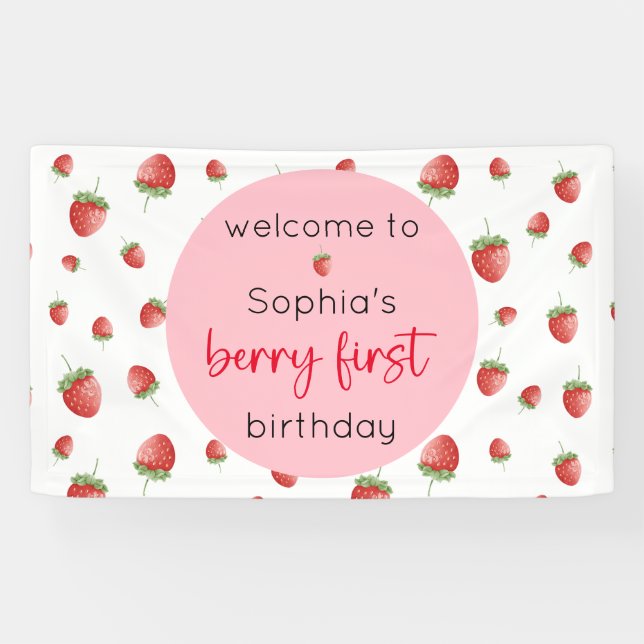 Strawberry 1st Birthday Berry First Banner (Horizontal)