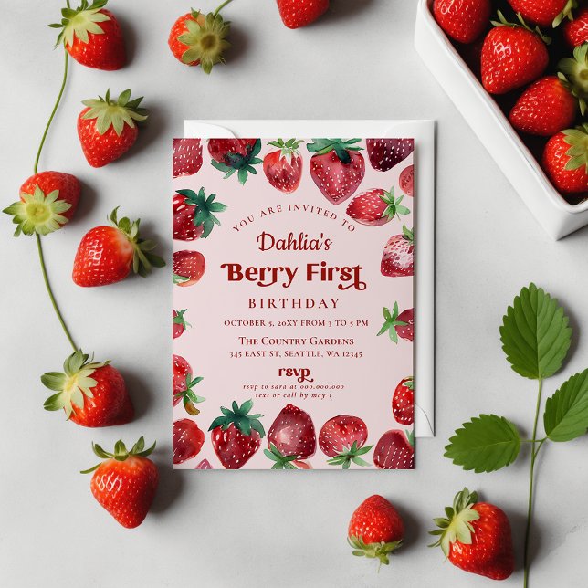 Strawberry 1st Birthday Berry First Birthday Invitation (Strawberry 1st Birthday Berry First Birthday Invitation)